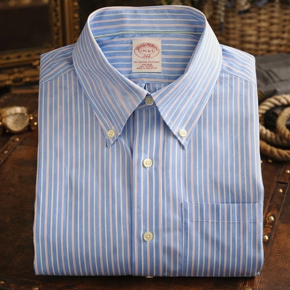 Brooks Brothers 346 Non-Iron Shirt Blue Stripe Button Down Men's XL Cotton